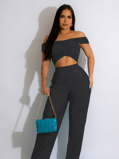 Sexy Off Shoulder Crop Top and Wide Leg Pants Set - KathyRoseNaturals
