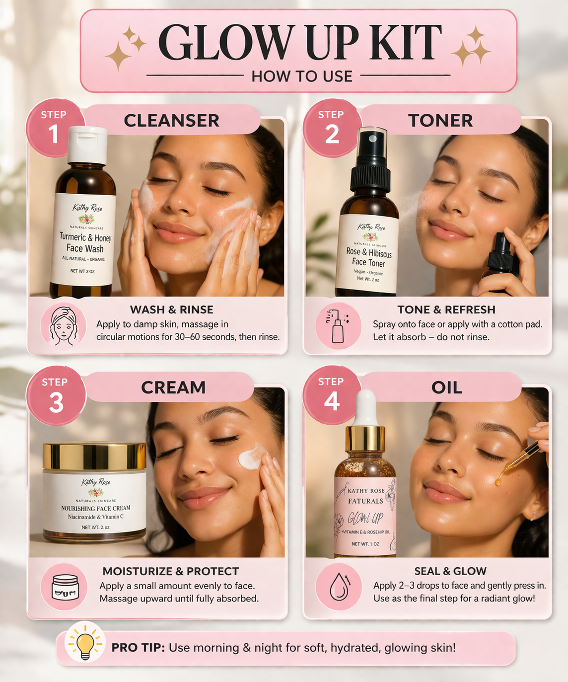 Glow Up Kit ✨ Complete Skincare Set | Cleanser, Toner, Cream & Facial Oil | Hydrating + Brightening Routine ($88 Value)