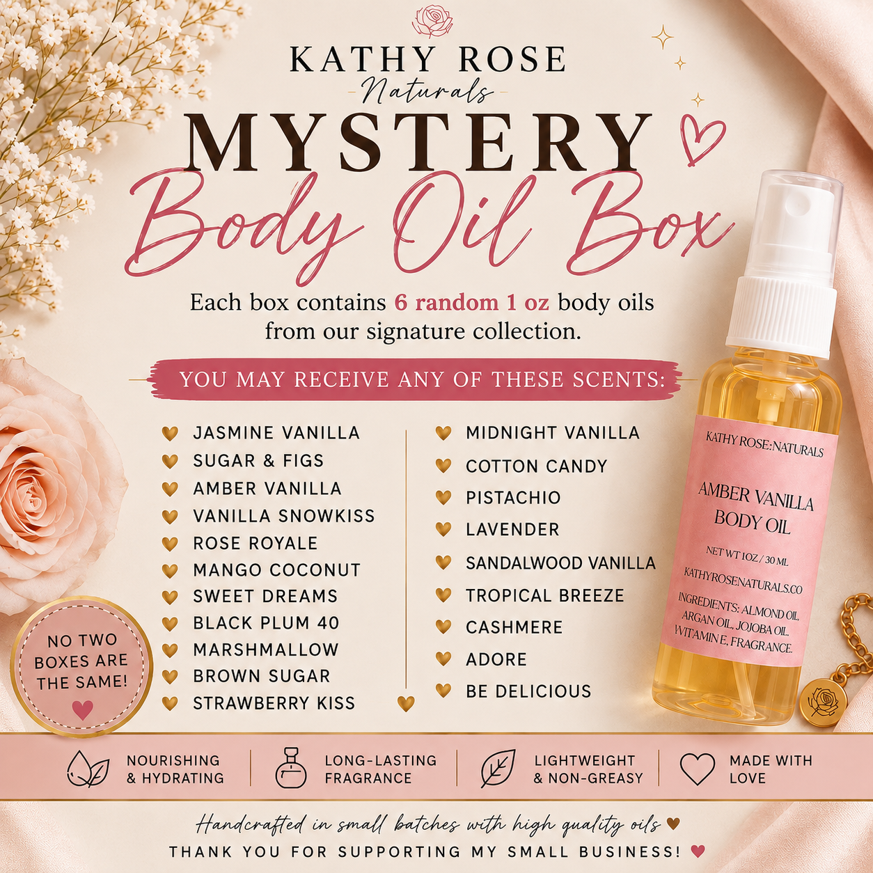 6-Pack Mystery Bundle Beauty Body Oils, Signature Scent, Soft Skin Body Oil Set