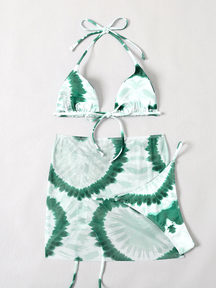 Tie Dye 3 Piece With Mesh Skirt Halter Swimwear - KathyRoseNaturals