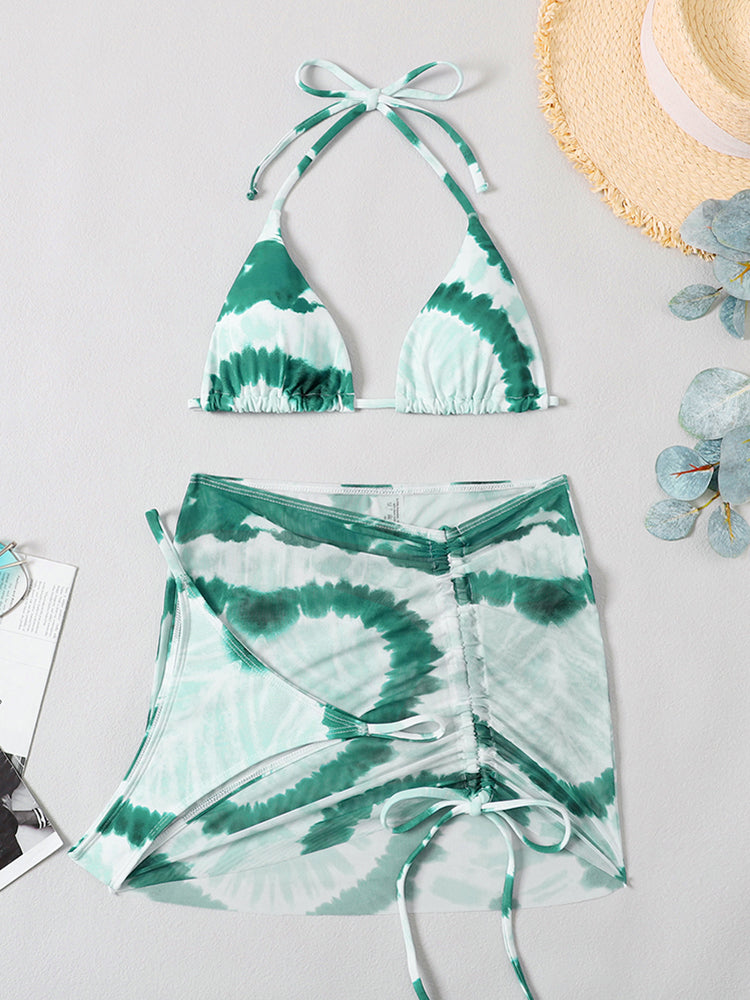 Tie Dye 3 Piece With Mesh Skirt Halter Swimwear - KathyRoseNaturals