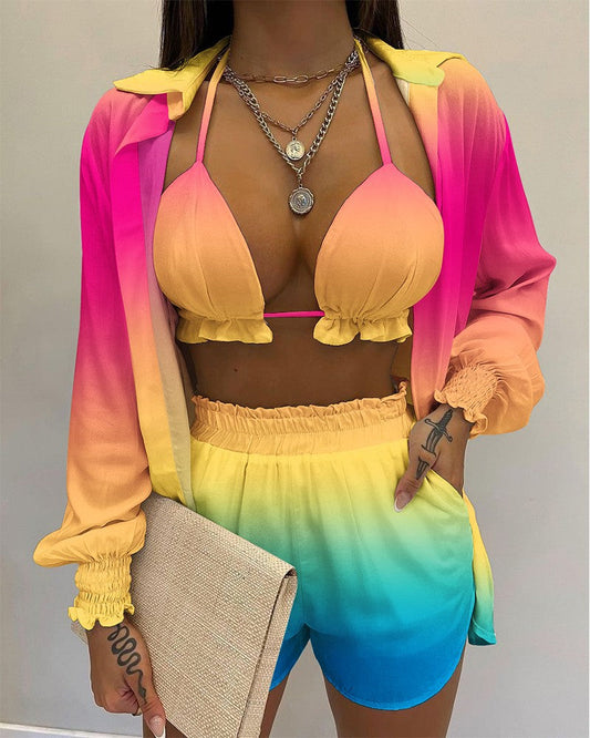 Sexy Beach Style Printed Suspender Shirt Shorts Pant Suit Three Piece - KathyRoseNaturals