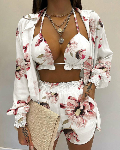 Sexy Beach Style Printed Suspender Shirt Shorts Pant Suit Three Piece - KathyRoseNaturals