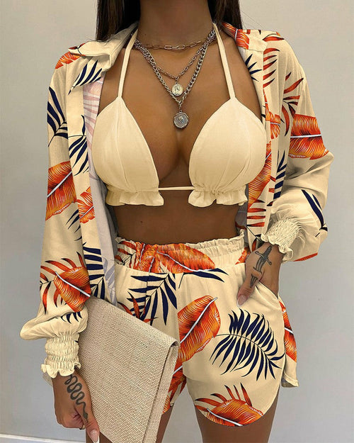 Sexy Beach Style Printed Suspender Shirt Shorts Pant Suit Three Piece - KathyRoseNaturals