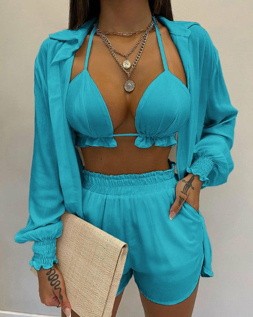 Sexy Beach Style Printed Suspender Shirt Shorts Pant Suit Three Piece - KathyRoseNaturals