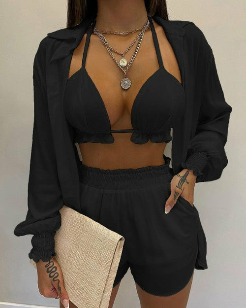 Sexy Beach Style Printed Suspender Shirt Shorts Pant Suit Three Piece - KathyRoseNaturals