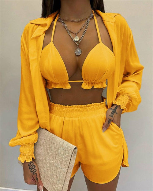 Sexy Beach Style Printed Suspender Shirt Shorts Pant Suit Three Piece - KathyRoseNaturals