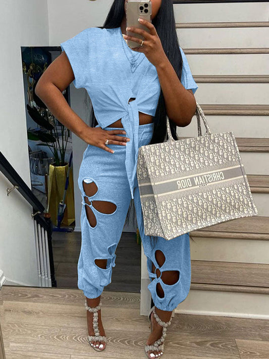 Short Sleeve Tie Front Crop Top T Shirt & Hollow Out Pants Set - KathyRoseNaturals