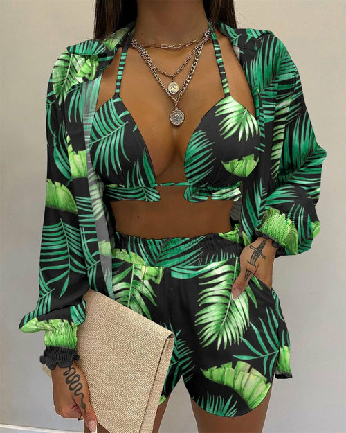 Sexy Beach Style Printed Suspender Shirt Shorts Pant Suit Three Piece - KathyRoseNaturals
