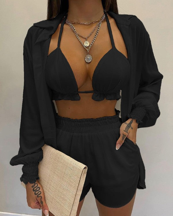 Sexy Beach Style Printed Suspender Shirt Shorts Pant Suit Three Piece - KathyRoseNaturals