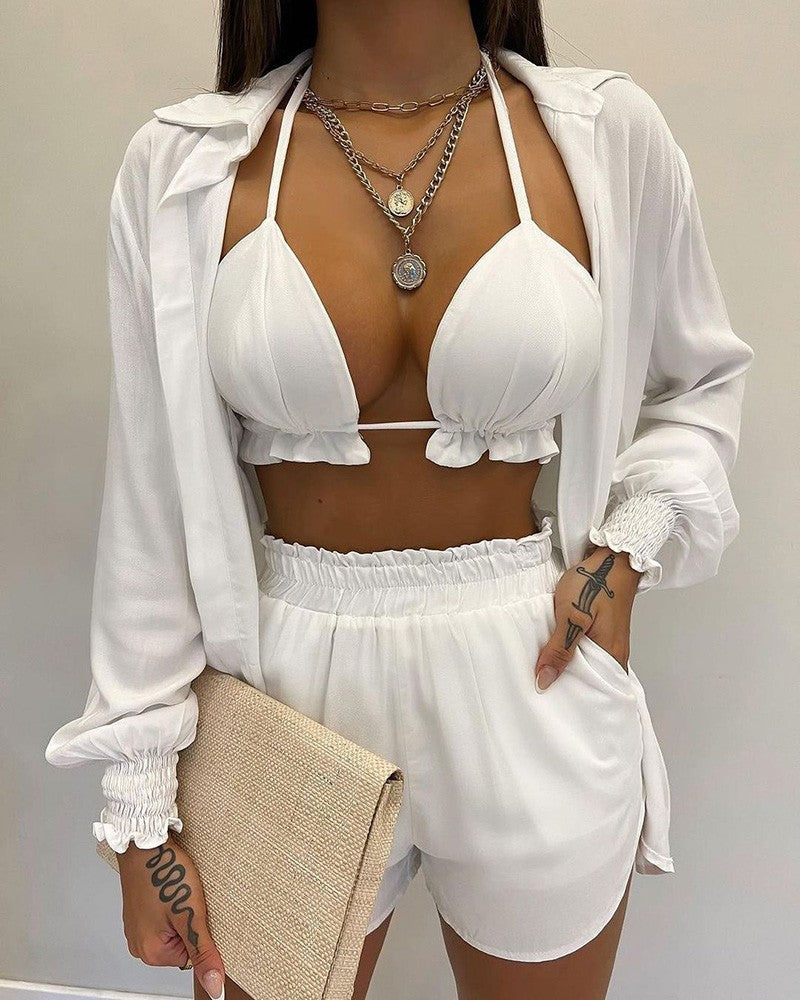 Sexy Beach Style Printed Suspender Shirt Shorts Pant Suit Three Piece - KathyRoseNaturals