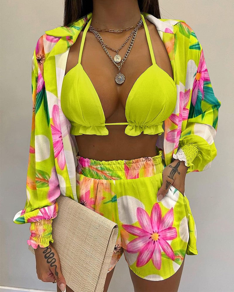 Sexy Beach Style Printed Suspender Shirt Shorts Pant Suit Three Piece - KathyRoseNaturals