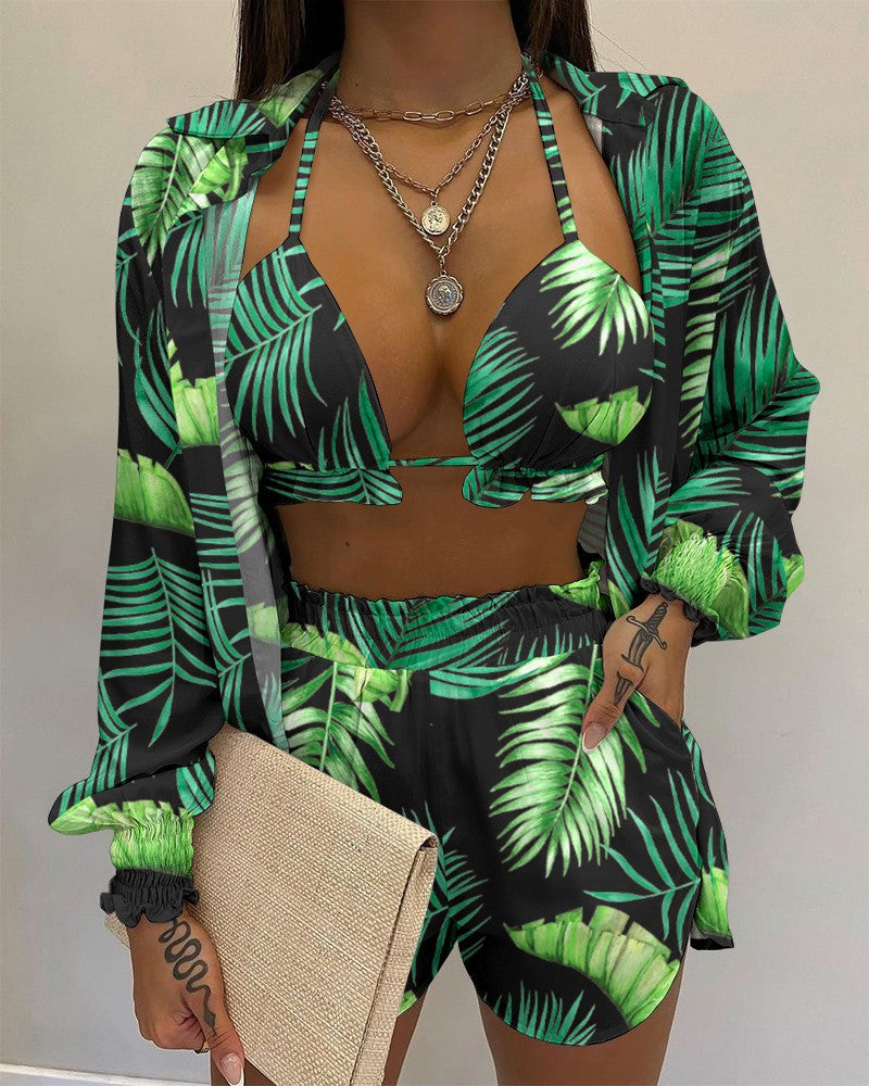 Sexy Beach Style Printed Suspender Shirt Shorts Pant Suit Three Piece - KathyRoseNaturals