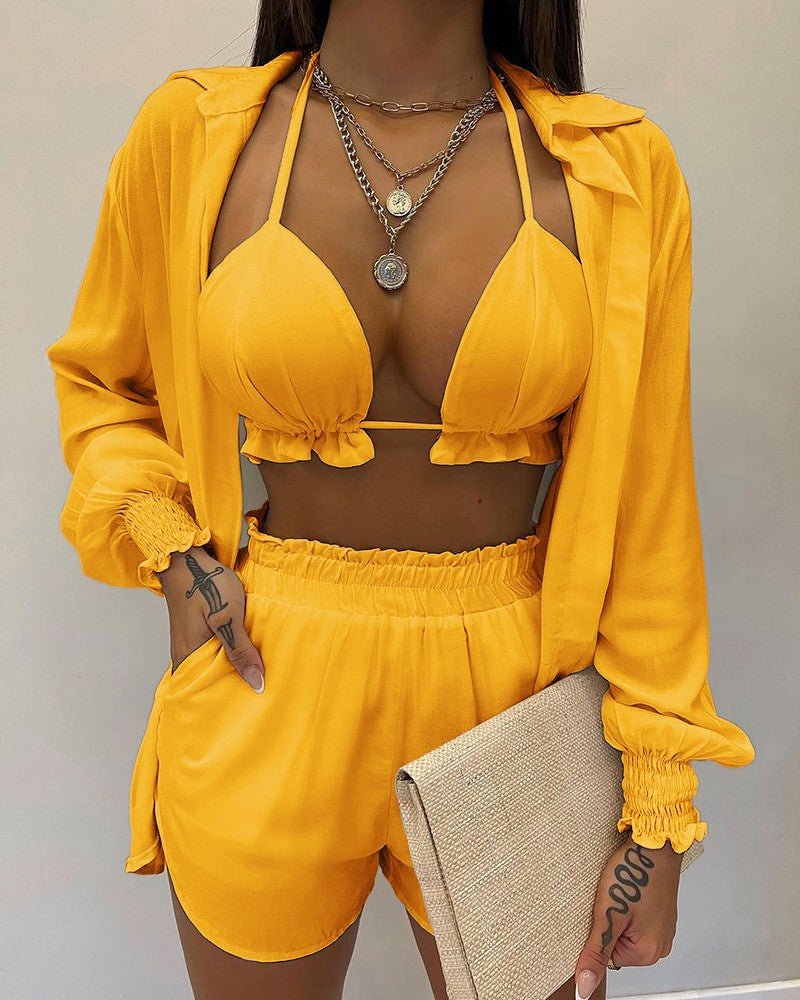Sexy Beach Style Printed Suspender Shirt Shorts Pant Suit Three Piece - KathyRoseNaturals