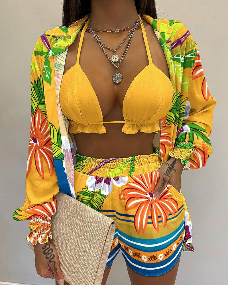 Sexy Beach Style Printed Suspender Shirt Shorts Pant Suit Three Piece - KathyRoseNaturals