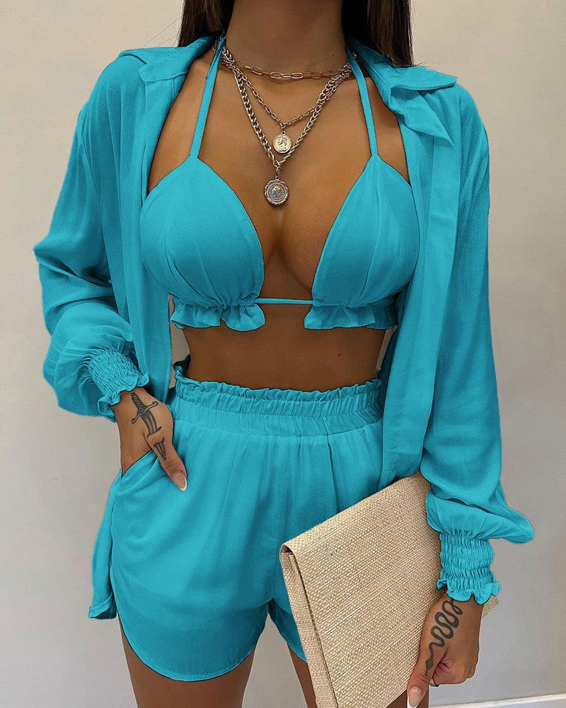 Sexy Beach Style Printed Suspender Shirt Shorts Pant Suit Three Piece - KathyRoseNaturals