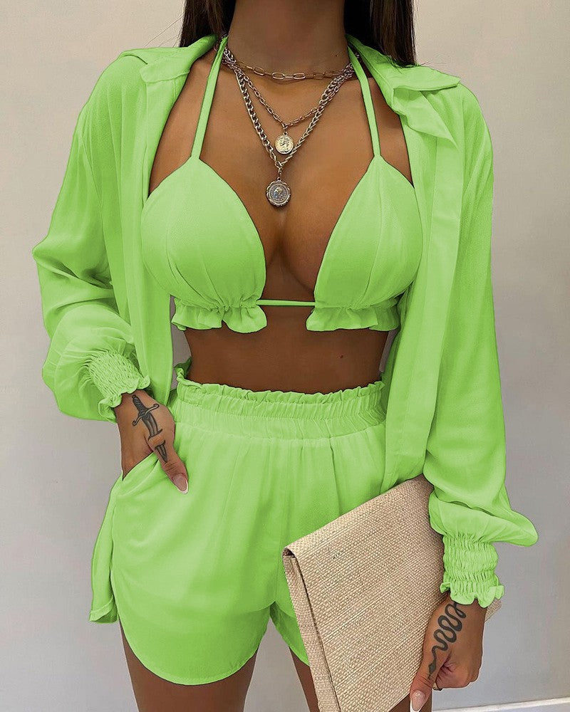 Sexy Beach Style Printed Suspender Shirt Shorts Pant Suit Three Piece - KathyRoseNaturals