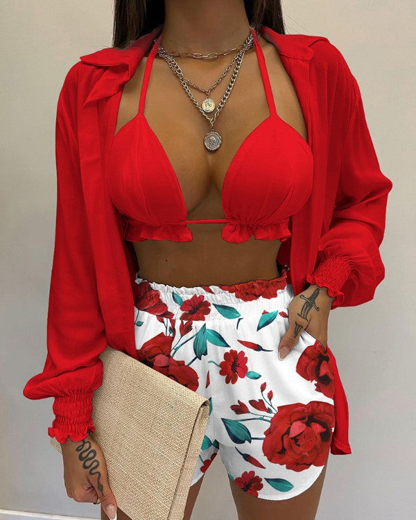Sexy Beach Style Printed Suspender Shirt Shorts Pant Suit Three Piece - KathyRoseNaturals
