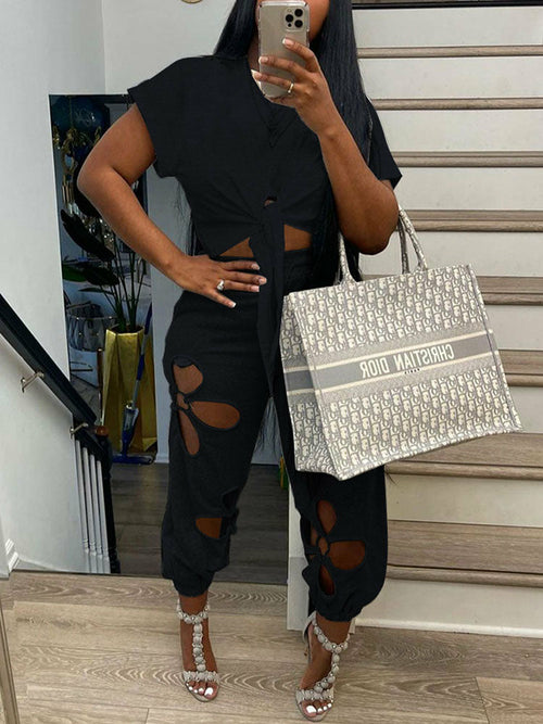Short Sleeve Tie Front Crop Top T Shirt & Hollow Out Pants Set - KathyRoseNaturals