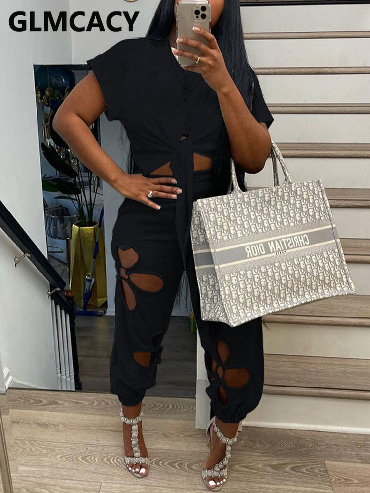 Short Sleeve Tie Front Crop Top T Shirt & Hollow Out Pants Set - KathyRoseNaturals
