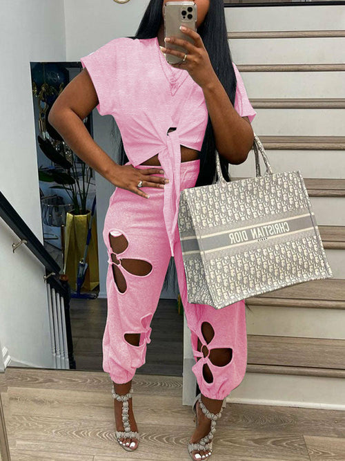 Short Sleeve Tie Front Crop Top T Shirt & Hollow Out Pants Set - KathyRoseNaturals