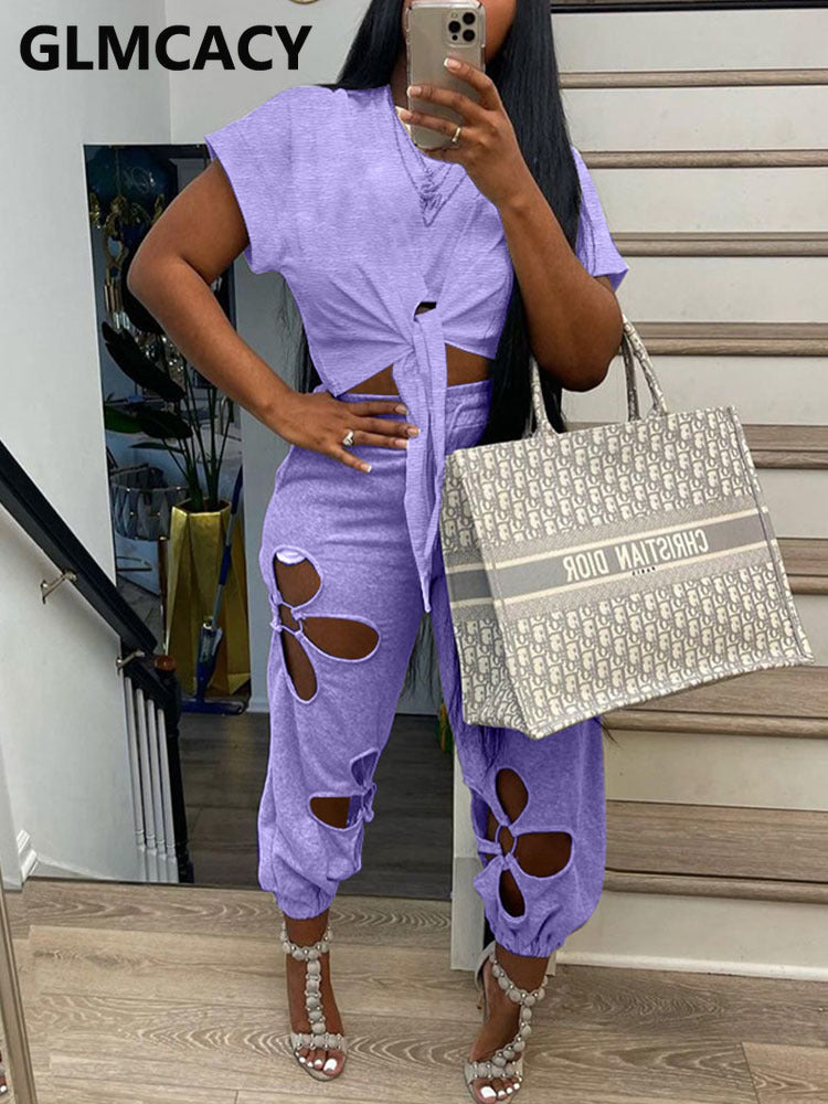 Short Sleeve Tie Front Crop Top T Shirt & Hollow Out Pants Set - KathyRoseNaturals