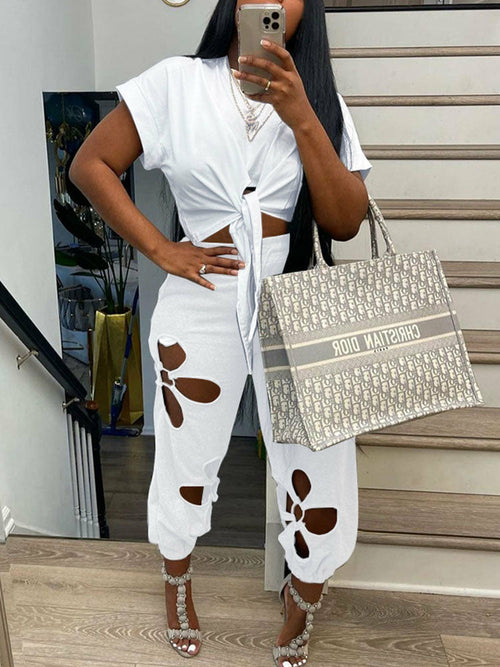 Short Sleeve Tie Front Crop Top T Shirt & Hollow Out Pants Set - KathyRoseNaturals