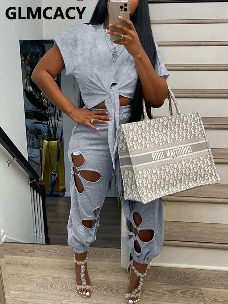 Short Sleeve Tie Front Crop Top T Shirt & Hollow Out Pants Set - KathyRoseNaturals