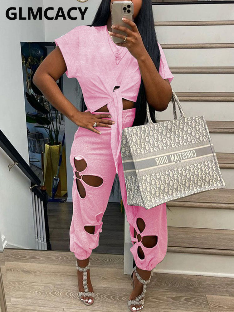 Short Sleeve Tie Front Crop Top T Shirt & Hollow Out Pants Set - KathyRoseNaturals