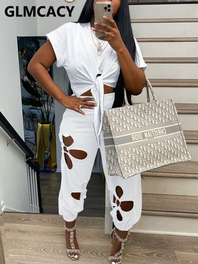 Short Sleeve Tie Front Crop Top T Shirt & Hollow Out Pants Set - KathyRoseNaturals