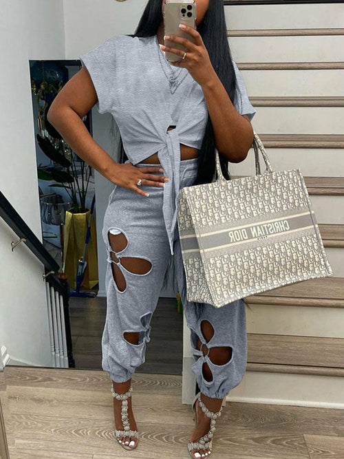 Short Sleeve Tie Front Crop Top T Shirt & Hollow Out Pants Set - KathyRoseNaturals
