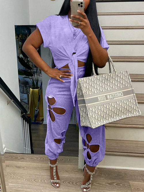 Short Sleeve Tie Front Crop Top T Shirt & Hollow Out Pants Set - KathyRoseNaturals